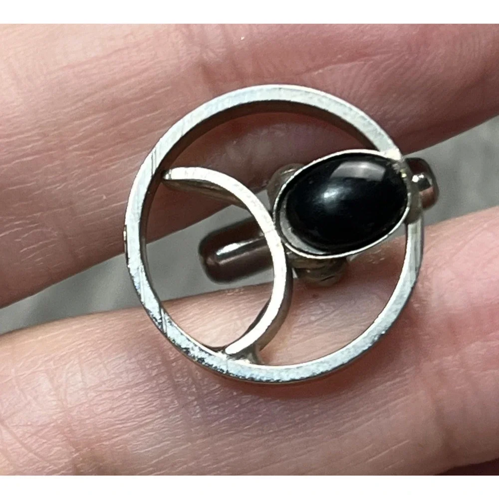 Silver Tone Round Cufflinks Mens‎ Black Cabochon Stone Modernist Design Pair